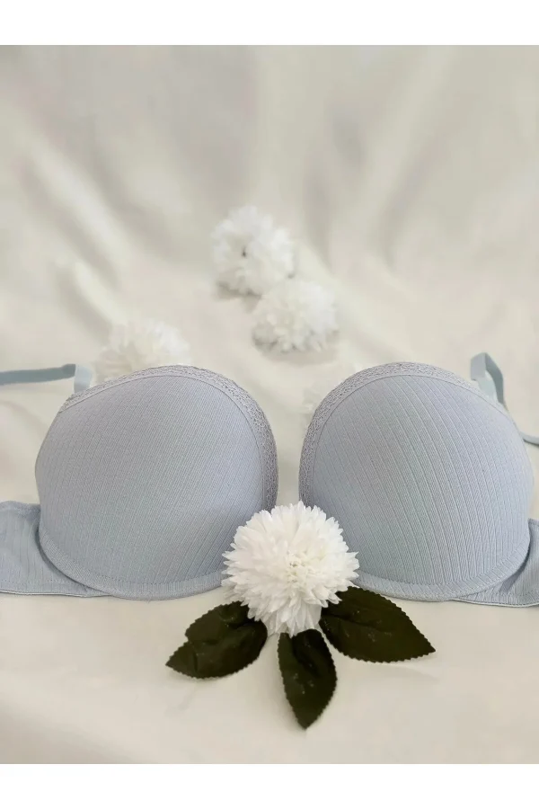 Kadın Mavi Dantelli Balenli Sütyen ve Slip Set