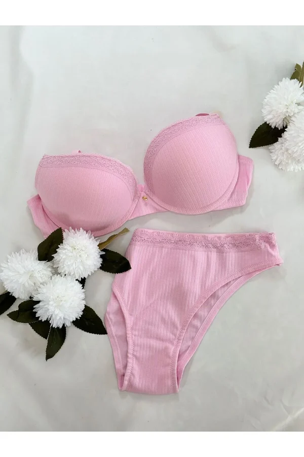 Kadın Pembe Dantelli Balenli Sütyen ve Slip Set