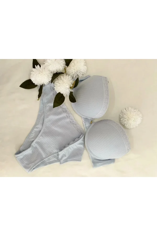 Kadın Mavi Dantelli Balenli Sütyen ve Slip Set