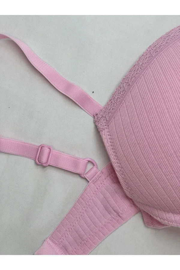 Kadın Pembe Dantelli Balenli Sütyen ve Slip Set