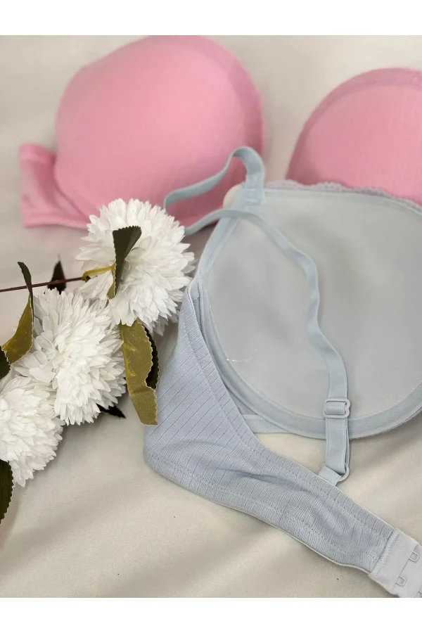 Kadın Mavi Dantelli Balenli Sütyen ve Slip Set