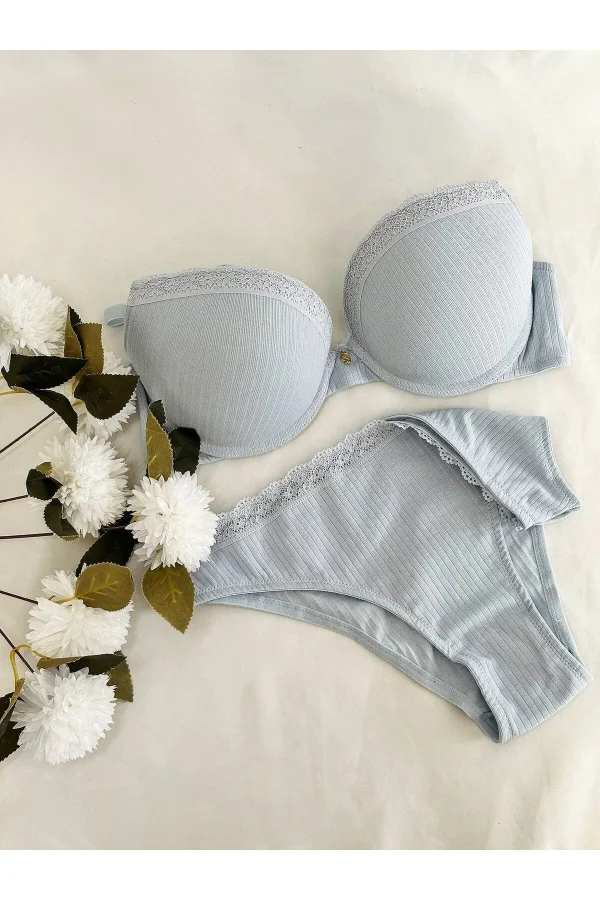 Kadın Mavi Dantelli Balenli Sütyen ve Slip Set